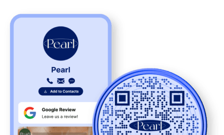 Example of a pretend company called Pearl, showing a custom flowcode in dark blue with a double-lined border and a custom flowpage with their logo, ways to contact them, google reviews, and a video.